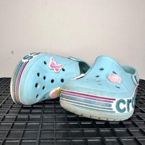 Crocs Kids Platform Clog Size 1 Blue Glitter Jibbitz Charms Shoes Iconic Comfort